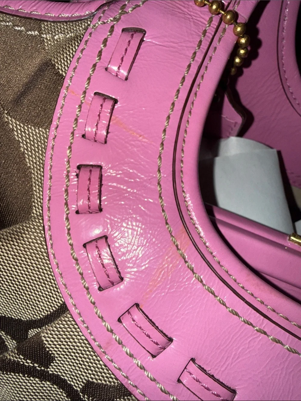 Coach Brown Signature Kiss Lock Hobo Bag with Pink Patent Leather Trim